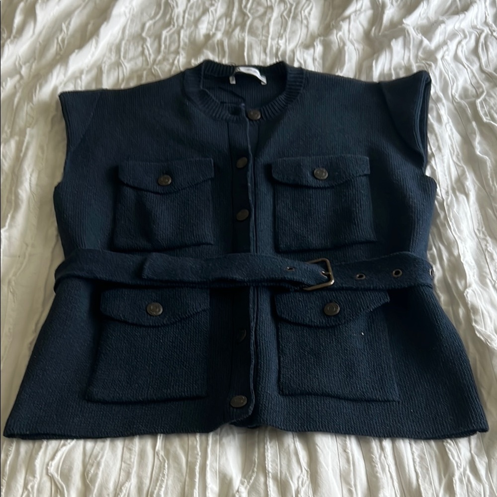 Zara Navy Sleeveless Belted Knit Sweater Vest